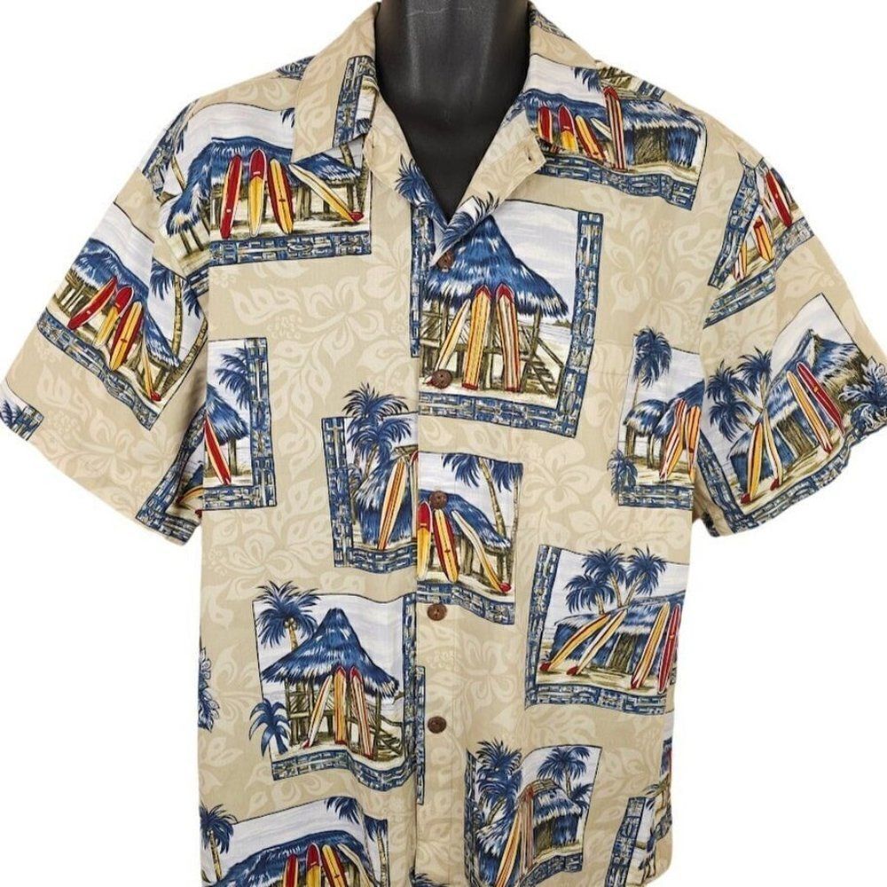 Vintage Hilo Hattie Hawaiian Shirt Mens Size Large Beige Y2K Surfboards